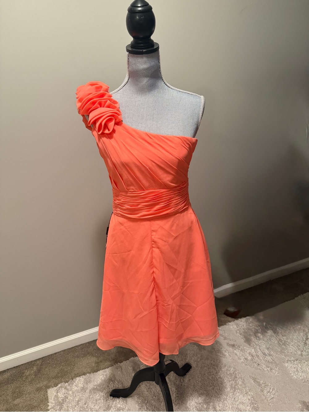 Coral One-Shoulder Ruffle Waist Cocktail Dress